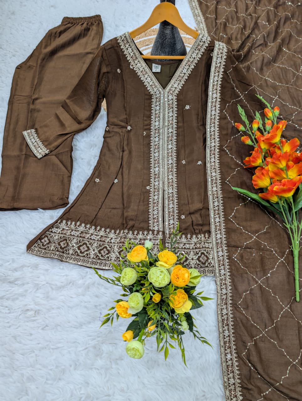 Women's Pure Vichitra Silk Kurta Set with Embroidered Dupatta | Festive Ethnic Wear