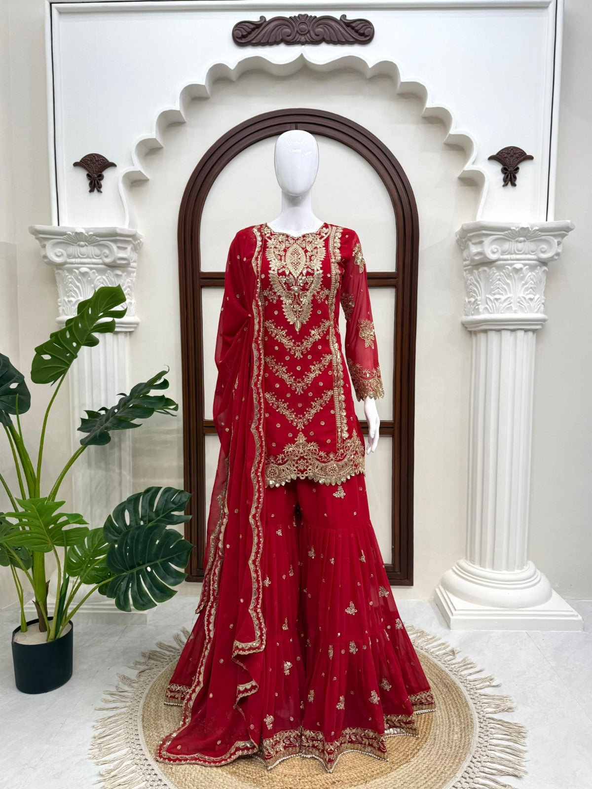 Women's Faux Georgette Embroidered Sharara Suit Set with Dupatta | Designer Palazzo Set