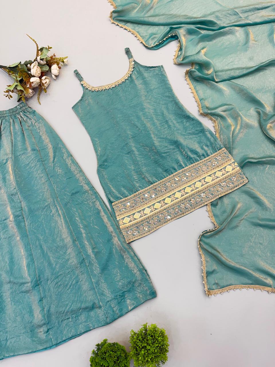 Aqua Blue Doremon Crush Mirror Work Top Palazzo Dupatta Set for Women