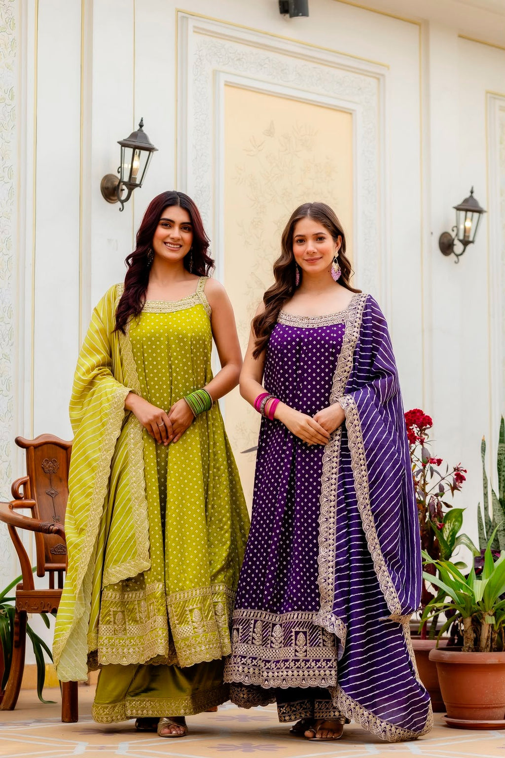 Rakshabandhan Special Bandhani Vichitra Silk Anarkali Gown with Palazzo & Leheriya Dupatta