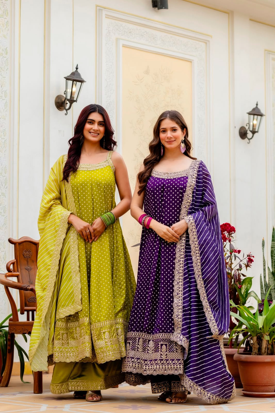 Rakshabandhan Special Bandhani Vichitra Silk Anarkali Gown with Palazzo & Leheriya Dupatta