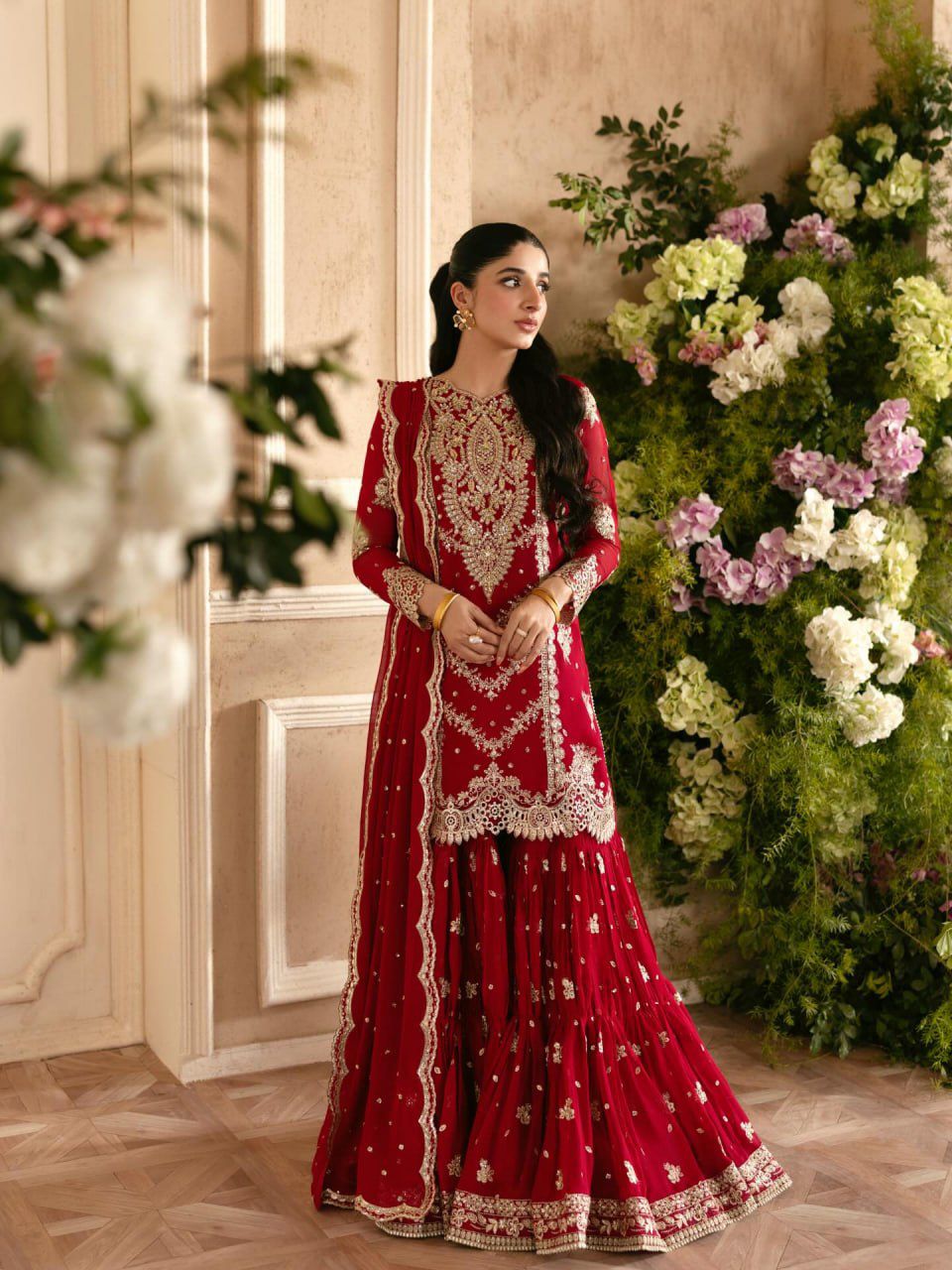 Women's Faux Georgette Embroidered Sharara Suit Set with Dupatta | Designer Palazzo Set