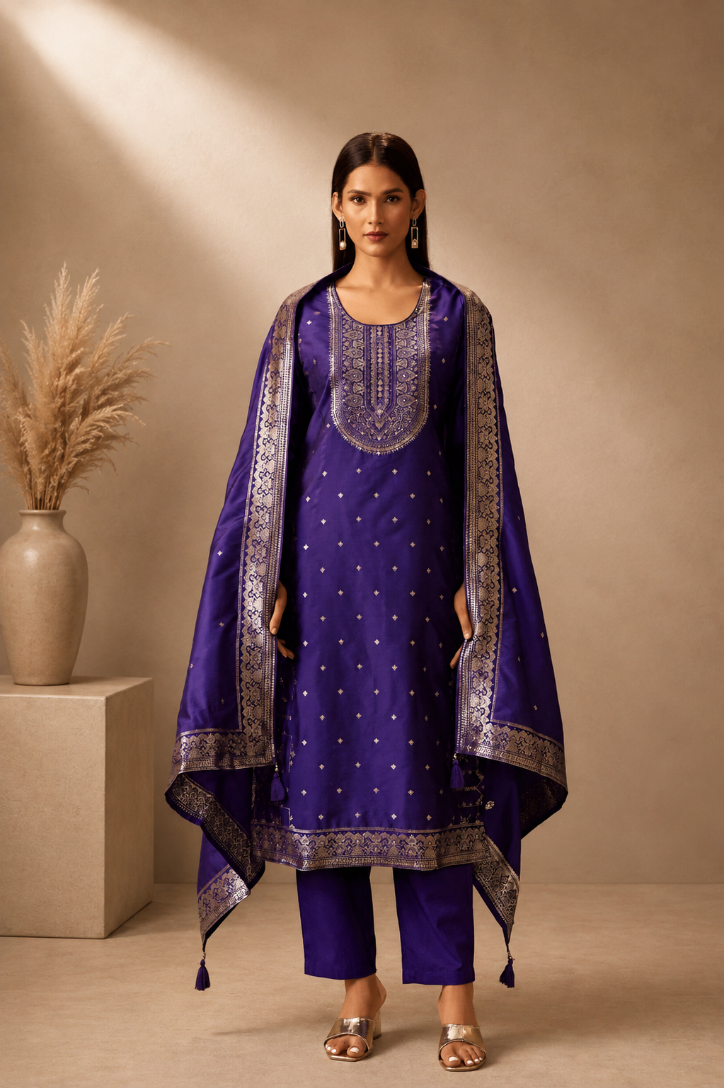Jacquard Art Silk Straight Kurta Set with Cotton Bottom & Silk Blend Dupatta