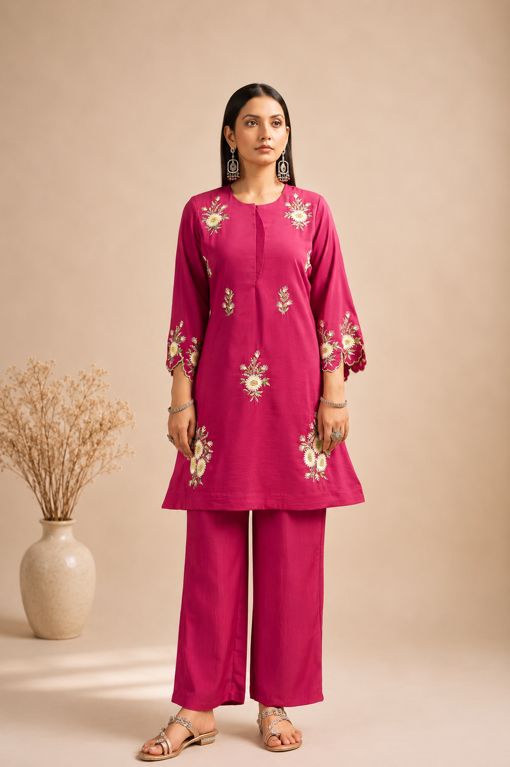 Embroidered Roman Silk Flared Co-Ord Set