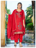 Premium Blooming Vichitra Silk Embroidered Kurti Pant & Dupatta Set