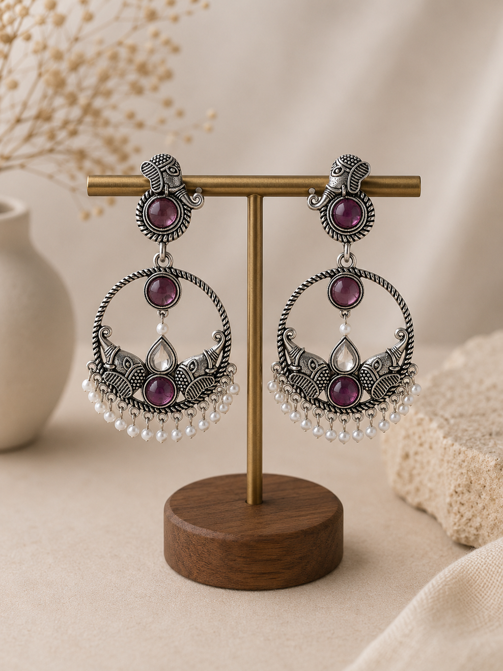 Antique Silver Elephant Motif Chandbali Earrings – Coloured Stone & Pearl Drop
